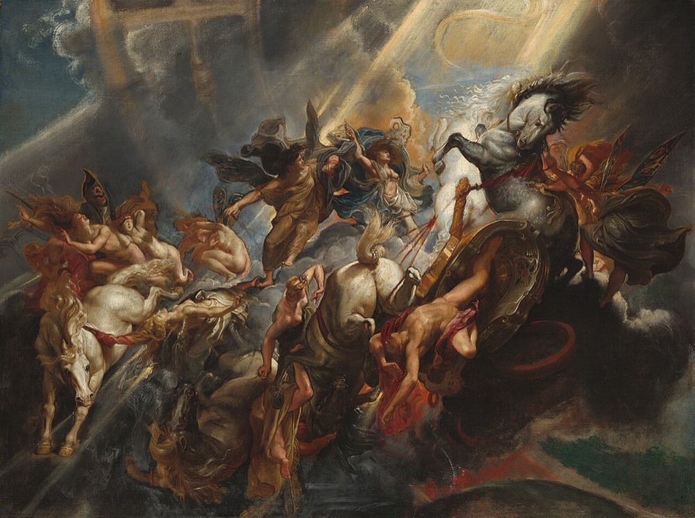 A turbulent sky in which the sun-chariot overturns, its horses rearing and plunging as the youth Phaethon tumbles headlong amid billowing storm clouds and winged figures of the seasons.