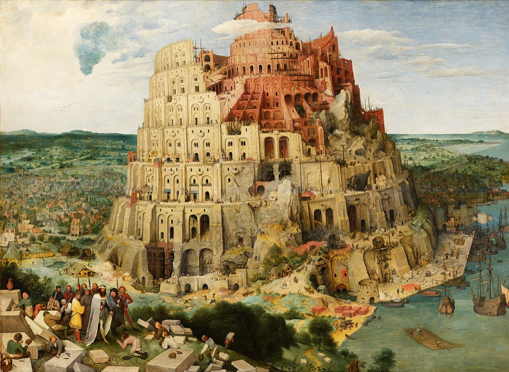 A colossal spiralling brick tower under construction, its upper storeys already tilting and unfinished, dwarfing a Flemish port town and reaching into the clouds.