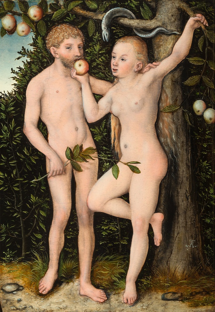 Adam and Eve stand nude on either side of the Tree of Knowledge; the serpent coils in its branches and Eve holds the single forbidden apple as Adam reaches toward it.